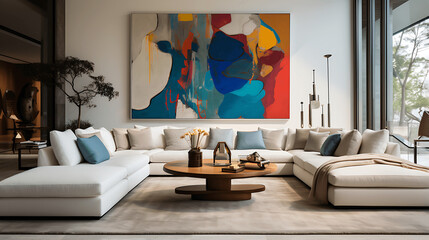Contemporary Living Room with White Sofas and Abstract Art
