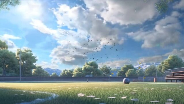 school atmosphere during holidays on the football field with views of beautiful trees and blue clouds. with anime or cartoon style. seamless looping time-lapse virtual video animation background.