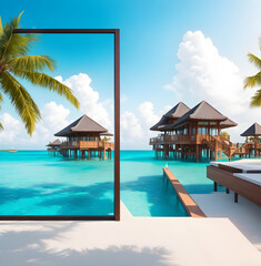 Craft an AI masterpiece of a dreamy paradise vacation: luxury water villas over crystal waters, a stunning lagoon beach, and a captivating sky.