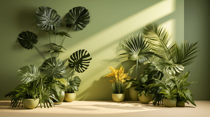 Light Olive Wall with Tropical Leaf Shadows
