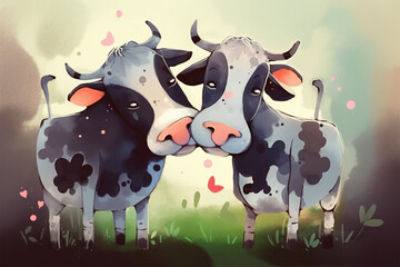 cartoon illustration, a pair of cows kissing