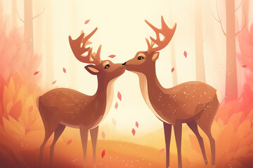 cartoon illustration, a pair of deer kissing