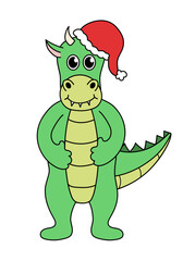 Cartoon Christmas and New Year Dragon character. Cute Dragon with Santa hat. Vector flat illustration.