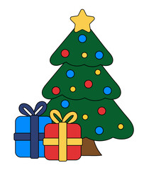 Christmas tree with presents. Decorations with star, balls. Holiday gift boxes with bow, vector illustration. For New Year cards, banners, posters.