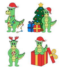 Set of cartoon Christmas and New Year Dragon characters. Cute Dragon in gift box, garland, candy cane, Deer Antler Headband, Christmas tree. Vector flat illustration.