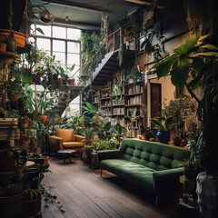 Fototapeta premium Indoor Jungle: A Cozy Room Filled with Plants