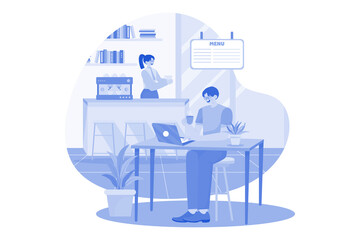 The Guy Sits At A Laptop In A Cafe