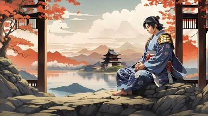 Young Japanese prince meditating next to a river. Vector art. Traditional Japanese style. Generative AI. - obrazy, fototapety, plakaty