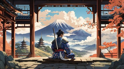Young Japanese samurai meditating with mountain view. Vector art. Traditional Japanese style. Generative AI.