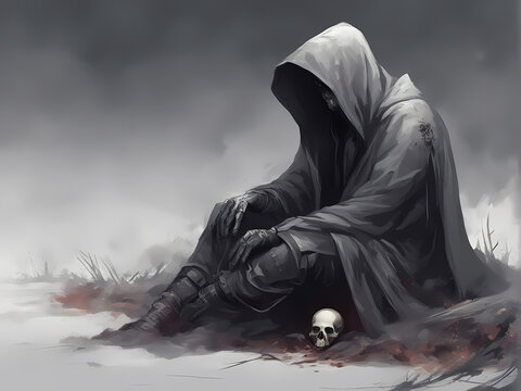 A demonic entity sitting with a skull in the dark.