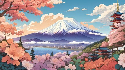 A stunning mount Fuji with beautiful vegetations and clouds. Vector art. Traditional Japanese style. Generative AI. - obrazy, fototapety, plakaty