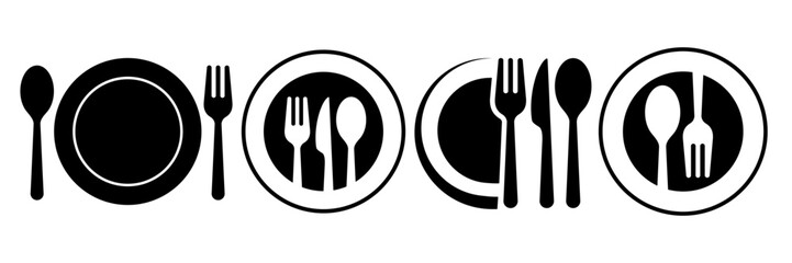 Set menu catering spoon, fork, knife and plate icon set in line. Tableware Vector illustration