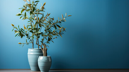 Botanical Elegance: Houseplants Adorning a Wooden Shelf Against a Gradient Blue Backdrop