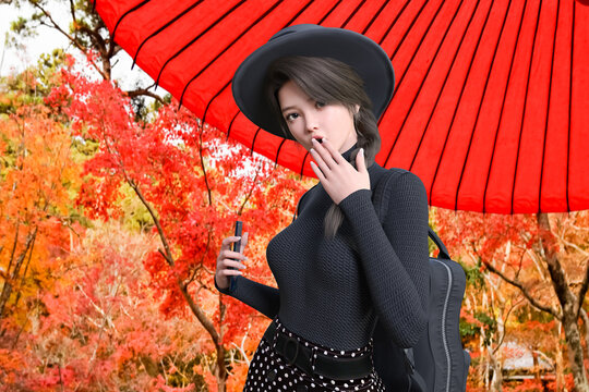 野点傘の下で秋の紅葉の美しさに驚く観光客の女性
