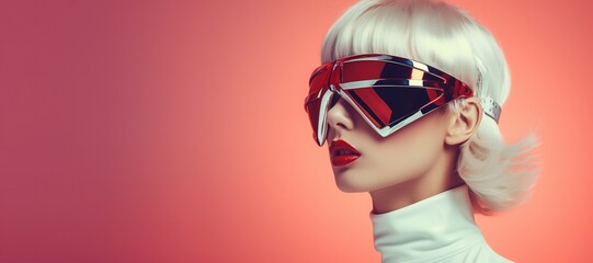 Obraz na płótnie Canvas Fashion retro futuristic girl in glasses on bright background, copy space, panorama