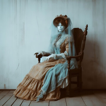 An abandoned woman sitting in an old chair in an abandoned room. Generated by AI
