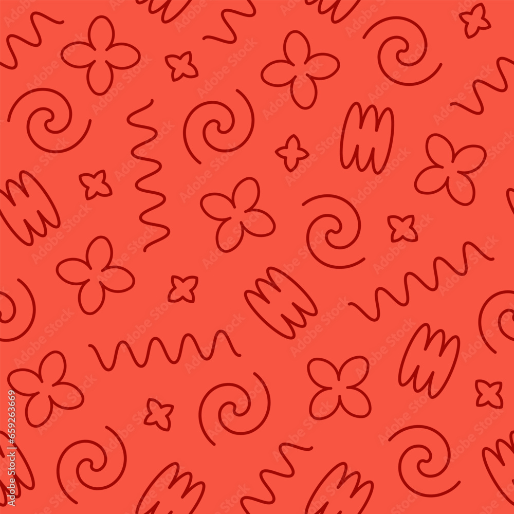Poster Abstract monochrome seamless pattern of linear doodles shapes. Creative background with trendy basic shapes. Red colors. Vector illustration