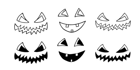 Set of hand drawn Halloween pumpkin faces. Vector illustration. For coloring, advertising, packaging, invitations, business cards, postcards, printing