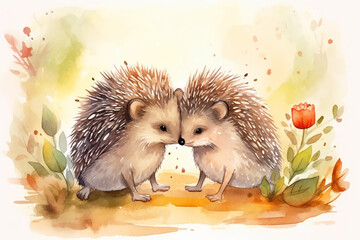 cartoon illustration, a pair of hedgehogs kissing