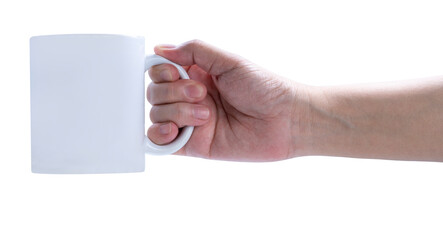 Female hand holding a white coffee mug on isolate on white background PNG File.