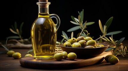 Olive oil with bottle and glass are on the wooden table