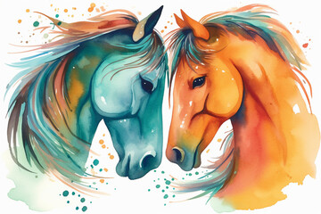 cartoon illustration, a pair of horses kissing