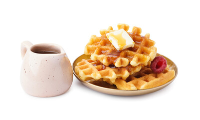 Plate of tasty waffles with raspberry and maple syrup on white background
