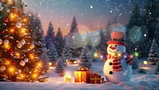 winter atmosphere with snowmen and Christmas decorations and lights. seamless looping time-lapse virtual video animation background.	