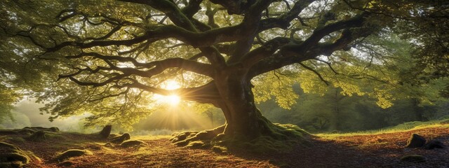 Old oak tree foliage with sunlight