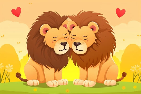 cartoon illustration, a pair of lions kissing