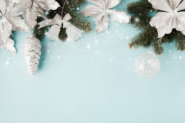 Christmas background template with copy space in blue silver  colors.Beautiful Xmas greeting...
