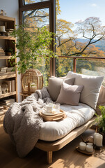 Cozy Living Room with a Mountain View,Comfortable recliners, living room scenic design