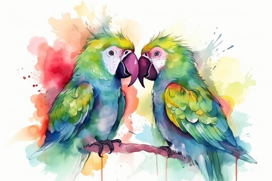 cartoon illustration, a pair of parrots kissing