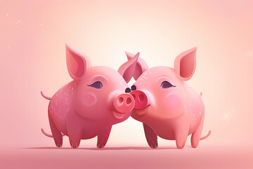 cartoon illustration, a pair of pigs kissing