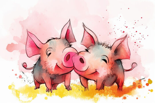 cartoon illustration, a pair of pigs kissing