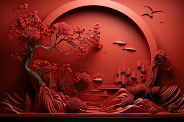 Surreal Red Landscape with Abstract Trees,Chinese Red Traditional Background