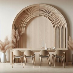 Minimalist interior design of modern dining room with abstract wood paneling arched wall.