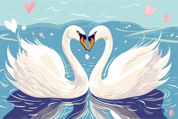cartoon illustration, a pair of swans kissing