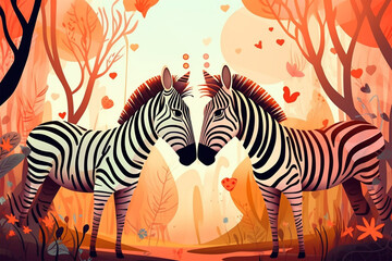 Fototapeta na wymiar cartoon illustration, a pair of zebras kissing