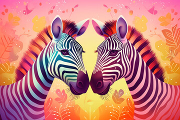 cartoon illustration, a pair of zebras kissing
