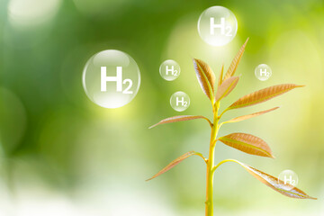 Green nature H2 hydrogen innovation zero emissions technology. H2 icons renewable, fuel green...