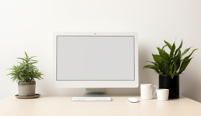 computer with empty screen on white, compute mockup, desktop with empty screen