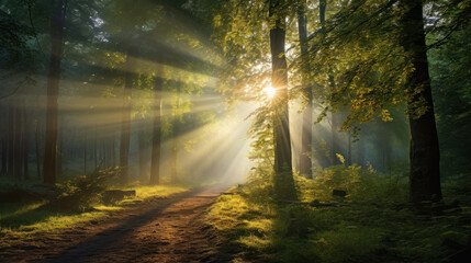 sun rays in the forest, morning in the woods, early morning in the forest, sun rays in the jungle