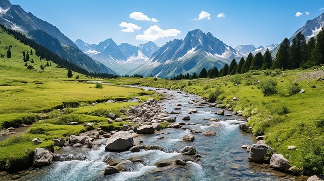 Mountain river valley landscape at summer