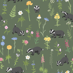 vector drawing seamless pattern with badger and flowers, hand drawn animal and forest plants , cartoon style background