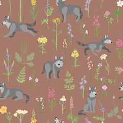 vector drawing seamless pattern with wolfs and flowers, hand drawn animals and forest plants , cartoon style background for children textile or wallpaper