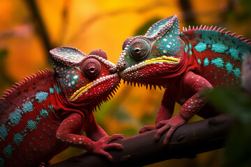 a pair of chameleons kissing