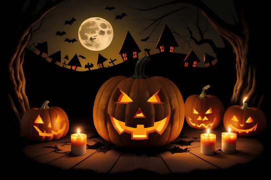 An image of Halloween pumpkins and candles in a dreary atmosphere.
