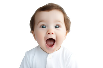 Portrait of a baby is Surprised and excited, opening eyes and mouth isolated PNG object