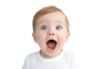 Portrait of a baby is Surprised and excited, opening eyes and mouth isolated PNG object